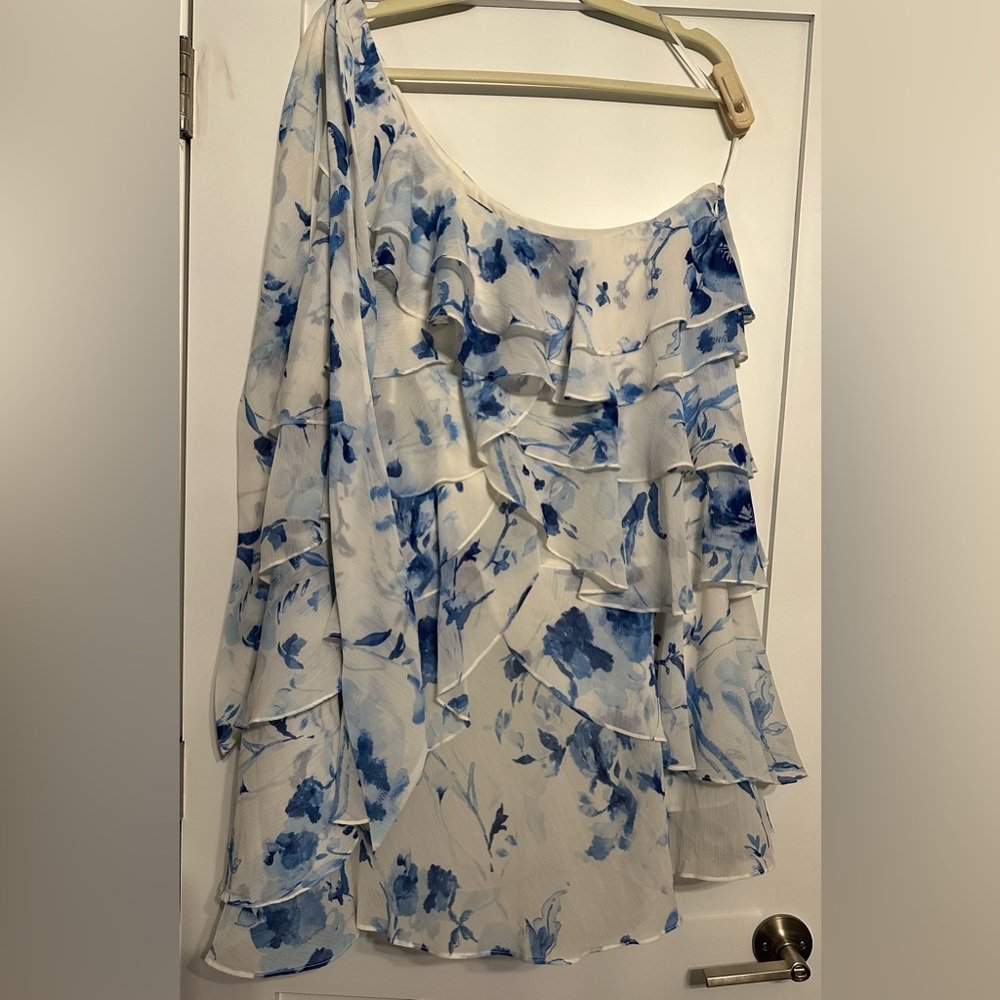 Ralph Lauren white and Blue One Shoulder Floral Ruffled Dress